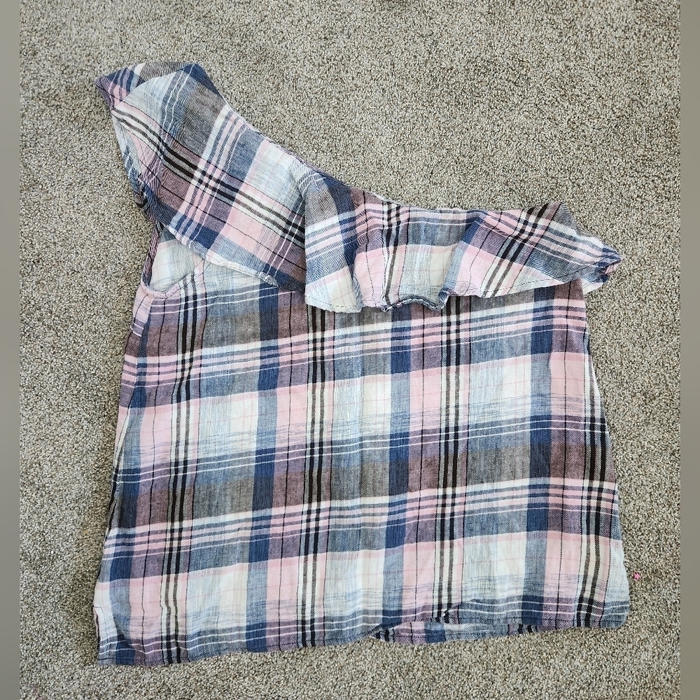 Cloth & Stone One Shoulder Plaid Ruffle Top Size Large Linen Blend